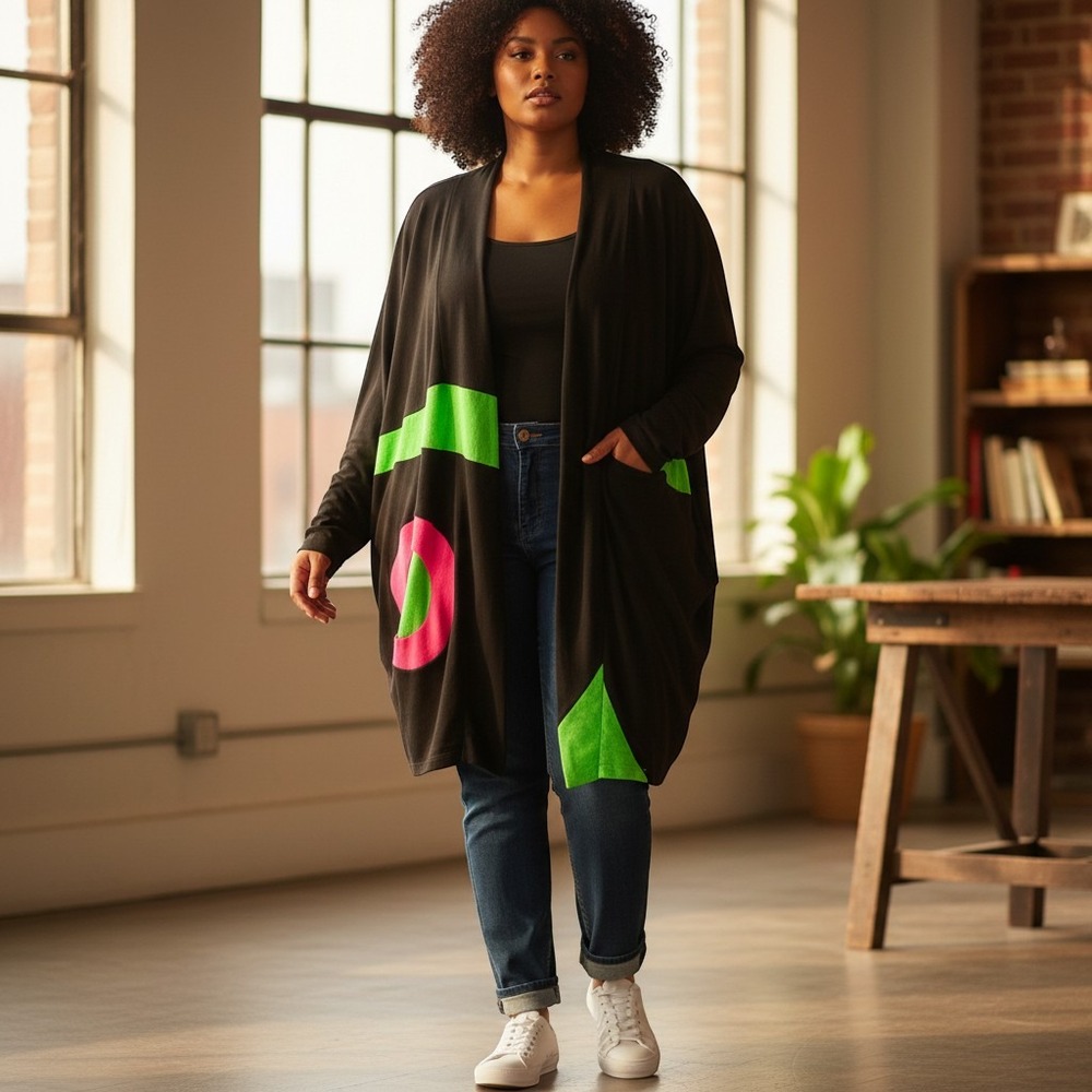 Heydari Cardigan Women 3 Black Neon Geometric Pop Art Avant Garde Lagenlook